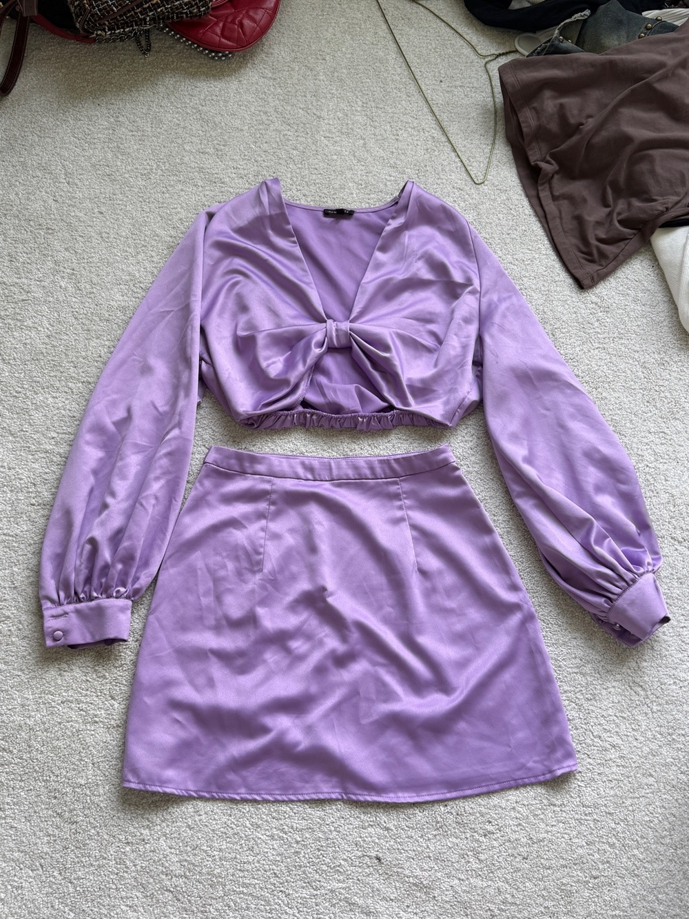 Dynamite Lilac Satin Mini Skirt Set with Bow Crop Top